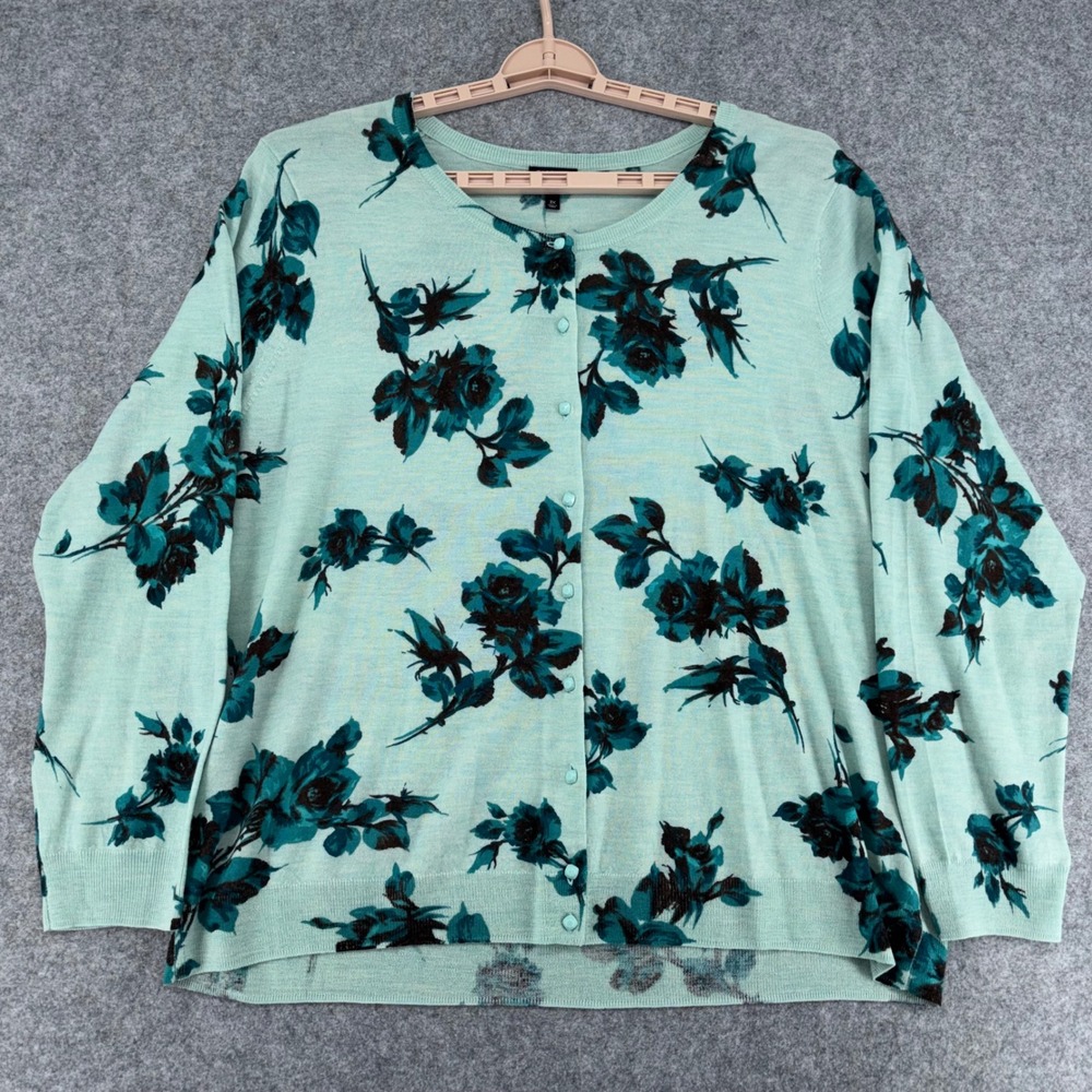 Talbots Woman Mint Floral Pure Italian Merino Wool Cardigan Sweater 3X